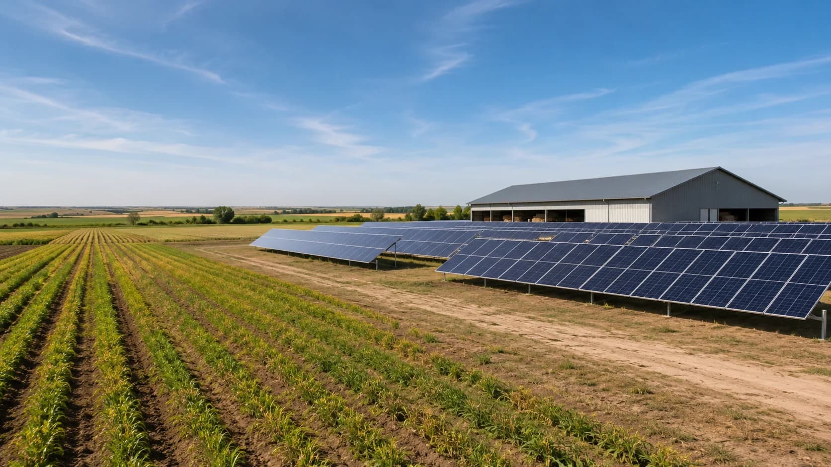 Ground-mounted PV system next to an agricultural building — Brinoko installation